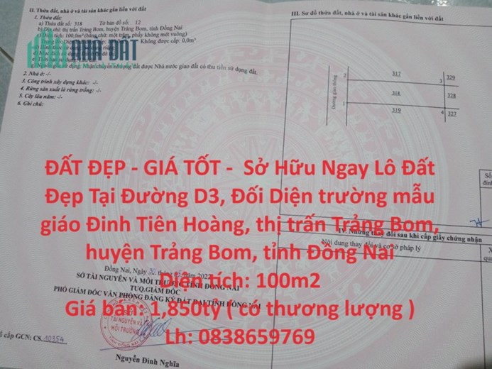 ĐẤT ĐẸP - GIÁ TỐT -  Sở Hữu Ngay Lô Đất Đẹp Tại Đường D3, Đối Diện trường mẫu giáo Đinh Tiên Hoàng