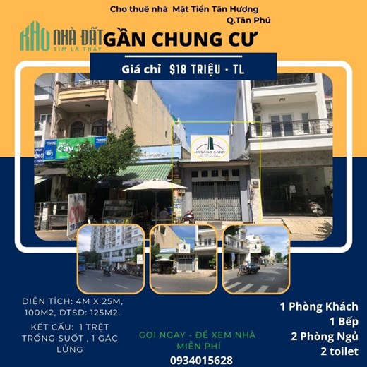 Cho thuê Nhà Mặt Tiền Tân Hương 100m2, 18 triệu,gần Chung Cư