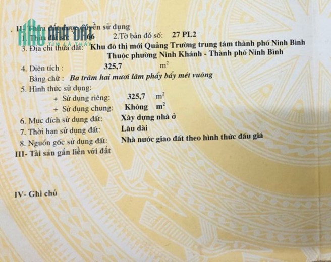 Chính chủ cần bán lô đất biệt thự Vip - 3 mặt tiền - 680m2 tại sân quảng trường TP.Ninh Bình