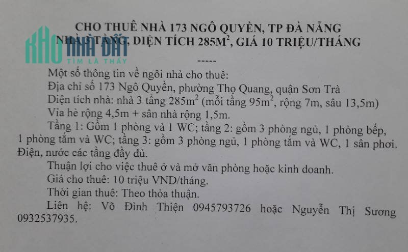 Cho thuê nhà mặt phố Ngô Quyền, Quận Sơn Trà, Đà Nẵng