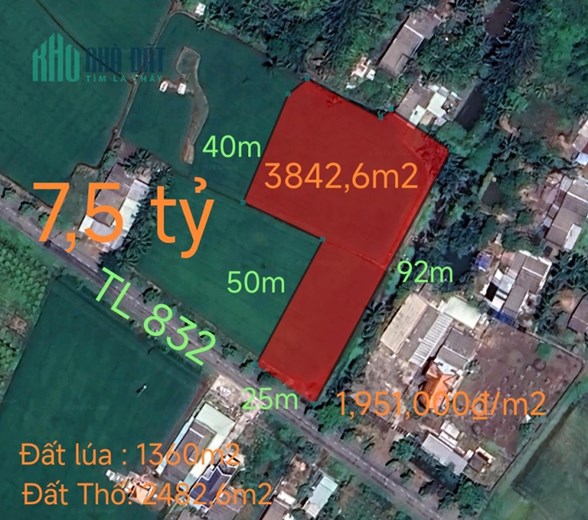 Bán lô đất thổ lúa mặt tiền tỉnh lộ 832 giá 7,5 tỷ