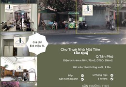 Cho thuê Nhà Mặt Tiền Tân Quý 72m2, 2Lầu, 18 triệu