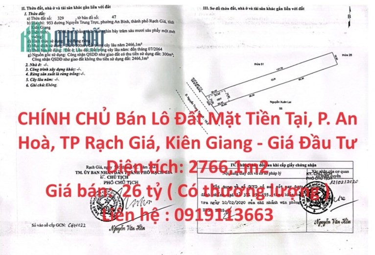 CHÍNH CHỦ Bán Lô Đất Mặt Tiền Tại, P. An Hoà, TP Rạch Giá, Kiên Giang - Giá Đầu Tư
