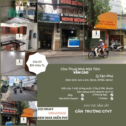 Cho thuê Nhà Mặt Tiền Văn Cao 16m2, 2Lầu,10 triệu