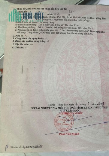 BÁN ĐẤT KHU PHỐ VẠN HẠNH, P. PHÚ MỸ, BRVT CÓ 142M2 THỔ CƯ, MUA 3 TỶ NAY BÁN GIẢM 800TR CÒN 2TỶ2