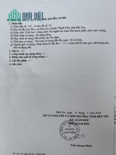 CHÍNH CHỦ CẦN BÁN GẤP Lô Đất Vị Trí Đẹp tại  Xã Hòa Lợi, Huyện Thạnh Phú, Tỉnh Bến Tre