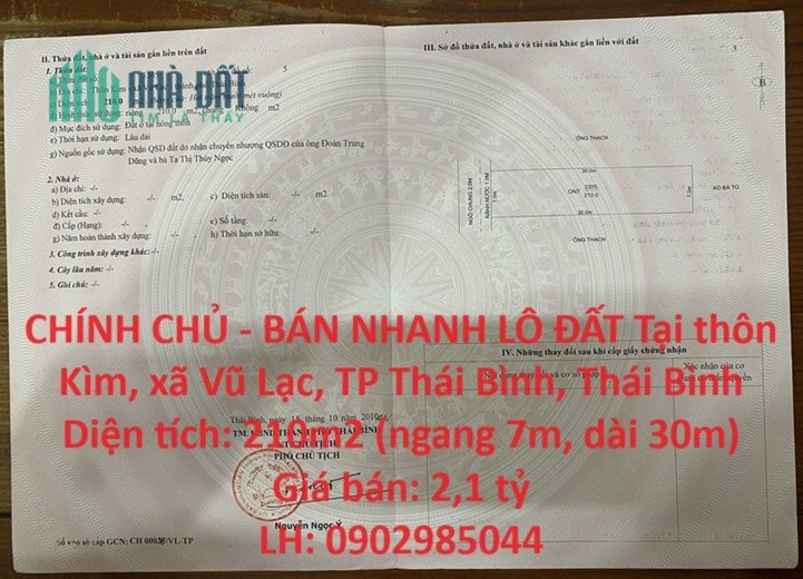 CHÍNH CHỦ - BÁN NHANH LÔ ĐẤT Tại thôn Kìm, xã Vũ Lạc, TP Thái Bình, Thái Bình