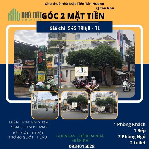 Cho thuê nhà 2 Mặt Tiền Tân Hương 96m2,1 Lầu,NGANG 8M-gần ngã 4