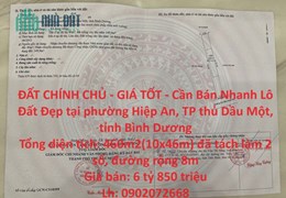 ĐẤT CHÍNH CHỦ - GIÁ TỐT - Cần Bán Nhanh Lô Đất Đẹp tại TP thủ Dầu Một, tỉnh Bình Dương