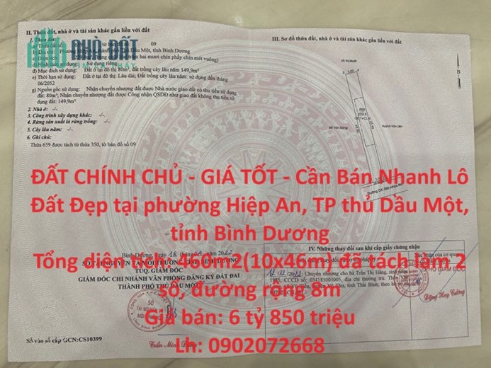 ĐẤT CHÍNH CHỦ - GIÁ TỐT - Cần Bán Nhanh Lô Đất Đẹp tại TP thủ Dầu Một, tỉnh Bình Dương