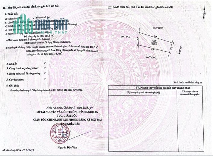 Chính chủ bán 258m2 đất sổ hồng riêng tại trung tâm Nghĩa Thành, Nghĩa Đàn, Nghệ An; 375tr;
