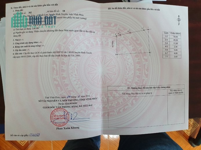 Bán đất Quất Lưu, Bình Xuyên. DT 248.3m2 full thổ cư