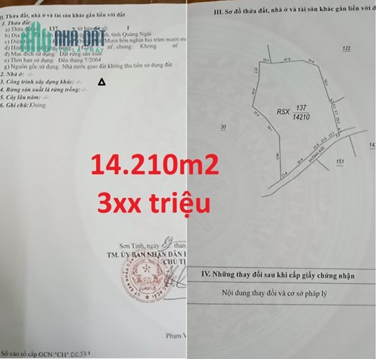 Hơn 28 sào (14.210 m2 ) đất Rừng Sản Xuất (RSX), Tịnh Đông, Sơn Tịnh, Quảng Ngãi giá chỉ 390 triệu
