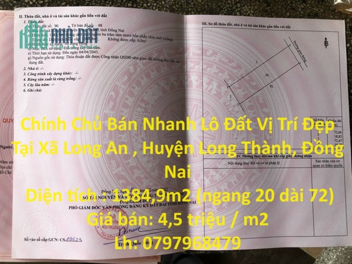 Chính Chủ Bán Nhanh Lô Đất Vị Trí Đẹp Tại Xã Long An , Huyện Long Thành, Đồng Nai