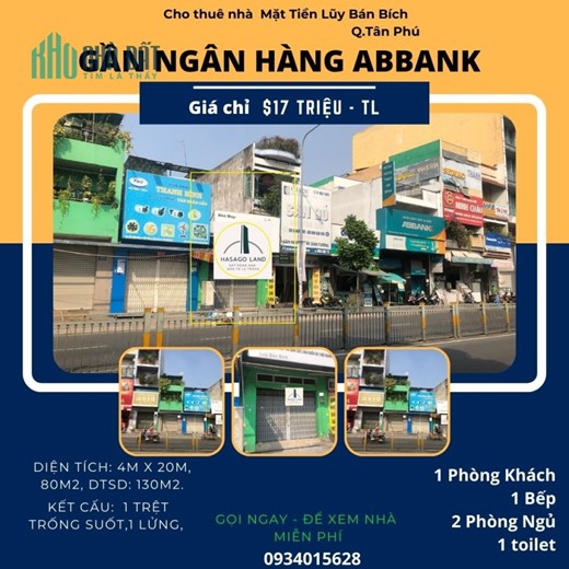 Cho thuê Nhà Mặt Tiền Lũy Bán Bích 80m2, 17 triệu, gần Ngân Hàng