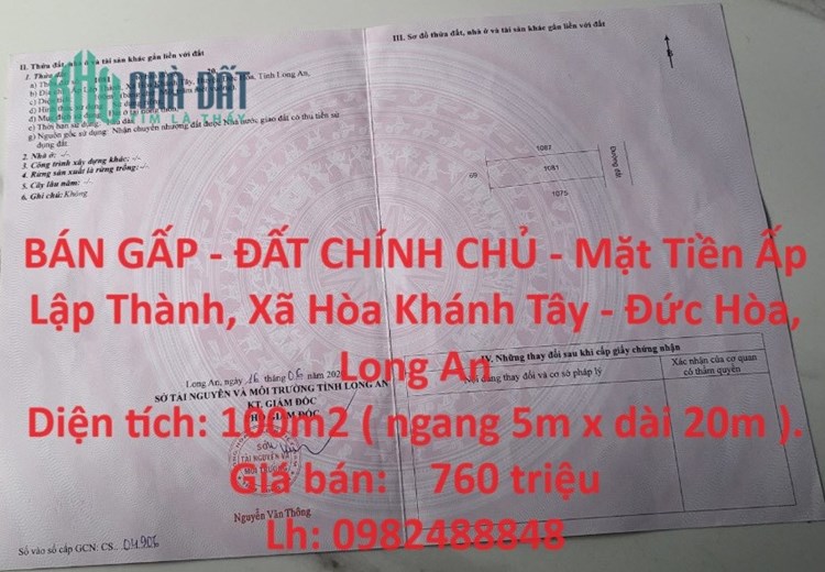 BÁN GẤP - ĐẤT CHÍNH CHỦ - Mặt Tiền Ấp Lập Thành, Xã Hòa Khánh Tây - Đức Hòa, Long An