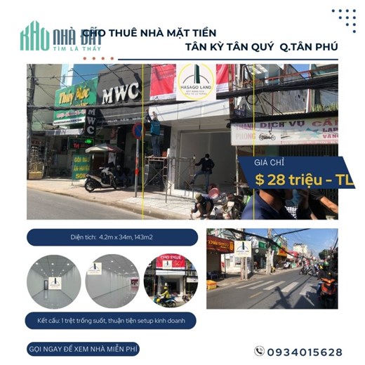 Cho thuê nhà Mặt Tiền Tân Kỳ Tân Quý 143m2, 28 triệu, gần trường Đại Học