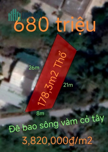 Bán gấp lô đất thổ mặt tiền Đê bao sông vàm cỏ Tây giá  680 triệu