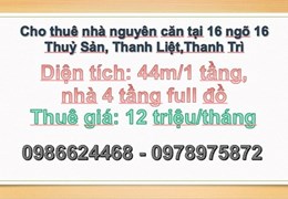 ✔️Cho thuê nhà nguyên căn tại 16 ngõ 16 Thuỷ Sản, Thanh Liệt,Thanh Trì, 12tr/th; 0978975872