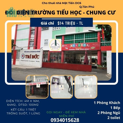 Cho thuê nhà Mặt Tiền gần AEON 64m2, 1L, 14triệu, đối diện trường - chung cư