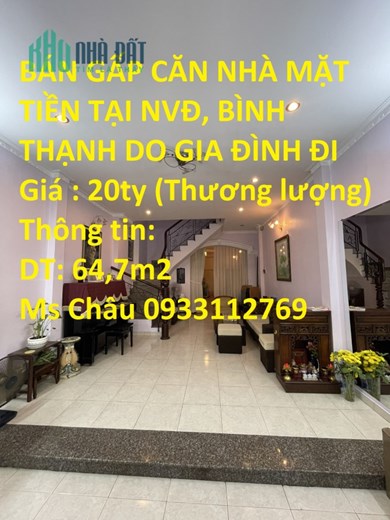 BÁN GẤP CĂN NHÀ MẶT TIỀN TẠI NVĐ, BÌNH THẠNH DO GIA ĐÌNH ĐI ĐỊNH CƯ - SỔ RIÊNG
