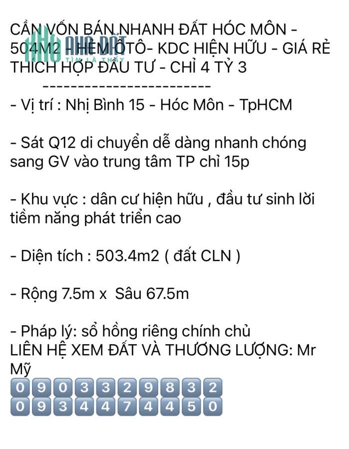 Cần vốn bán nhanh đất CLN 504m2 , đường Nhị Bình 15, Hóc Môn, chỉ 4tỷ3