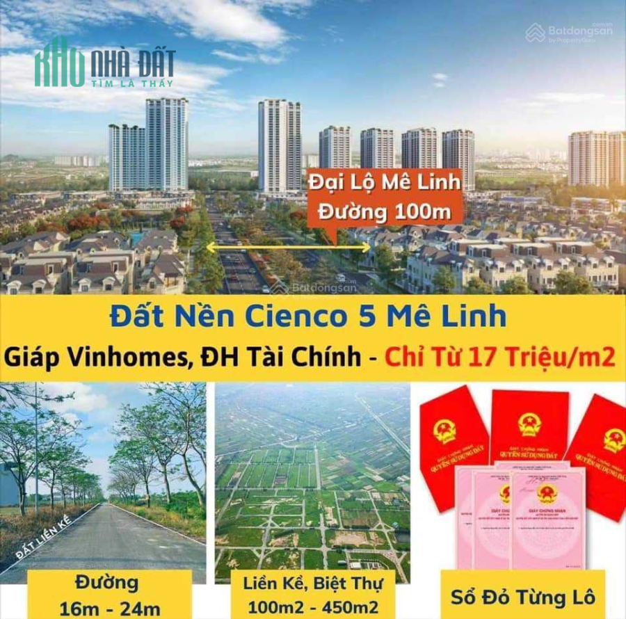 Bán đất liền kề 16 Khu A mặt đường 15.5m Cienco5 Huyện Mê Linh sổ đỏ