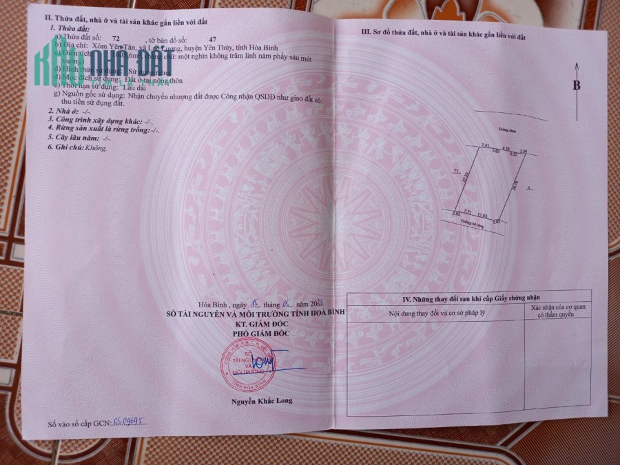 một lô đất ngay mặt đường  thổ cư dưới hòa bình  .diện tích 1005,6m2 giá 3,8 tỷ