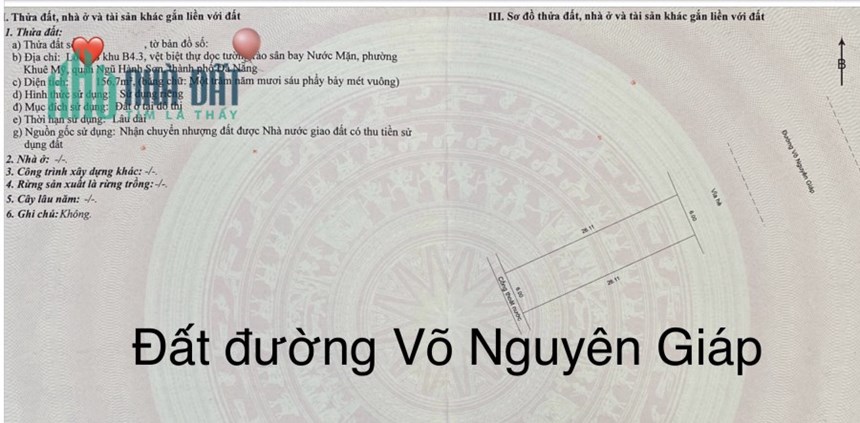 Đất mặt tiền Võ Nguyên Giáp , 6x26=157m2 ,H:Đông,giá: 21 tỷ