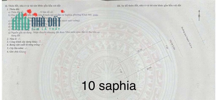 19tỷ/140m2.Đất đường  10,5M ,khu SaPhia, nhìn ra Biển Sơn Thủy .H:Đông