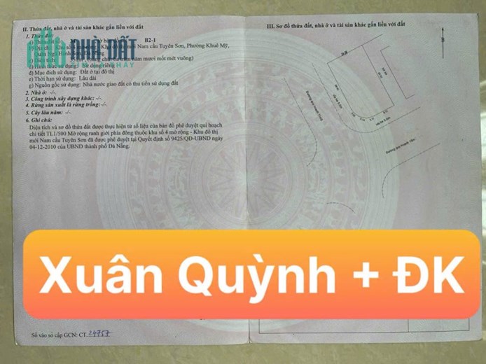 351m2/46 tỷ.Đất Biệt Thự,2 M tiền, đường Đoàn Khuê và Xuân Quỳnh.sát Sông Hàn,Đà Nẵng.