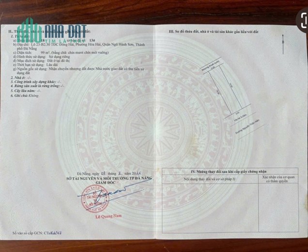 9,2 tỷ/99m2,Đất Nguyễn Thần Hiến.rộng 10,5m,H:Nam, khu Đông Hải ,Bãi tắm Tân Trà