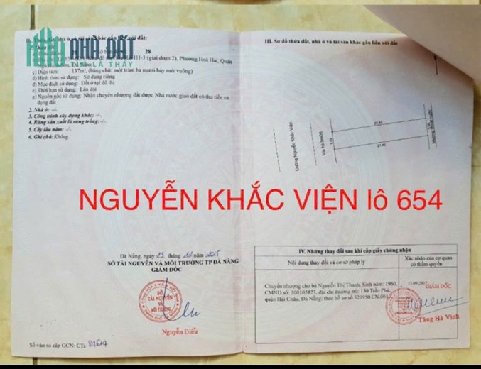 13 tỷ,137m2.Đất đường Nguyễn Khắc Viện rông 15m,lề 9m. nhìn ra biển Sơn Thủy