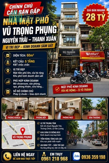 CHÍNH CHỦ CẦN BÁN GẤP NHÀ MẶT PHỐ VŨ TRỌNG PHỤNG – NGUYỄN TRÃI – THANH XUÂN  DT 60 M GIÁ 28 TỶ