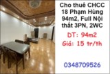 ✨Cho thuê CHCC 18 Phạm Hùng 94m2, Full Nội thất 3PN, 2WC; 15tr/th; 0348709526