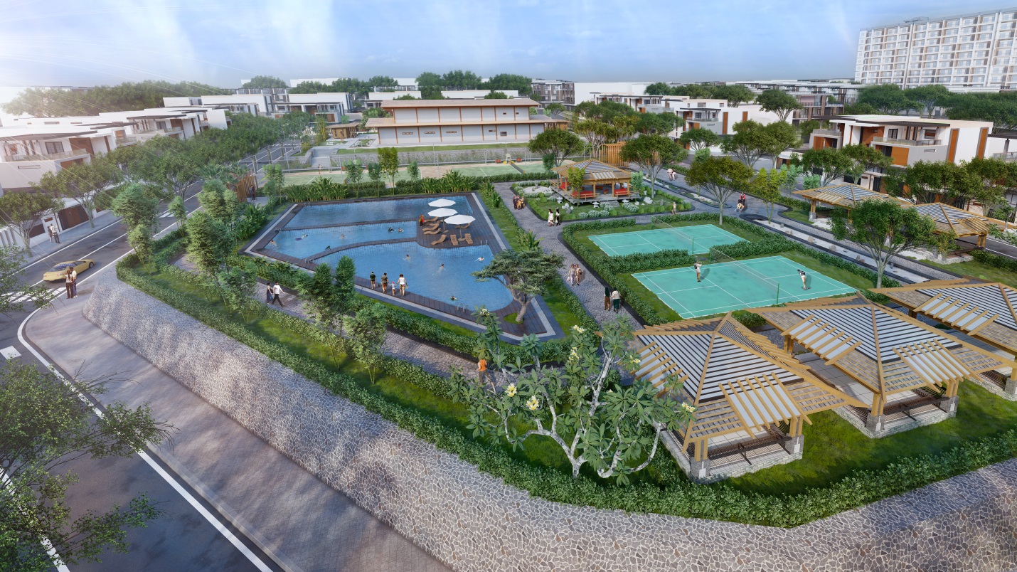 Hồ bơi tràn Ruri bên cạnh sân tennis là đặc quyền thụ hưởng tiện ích của cư dân